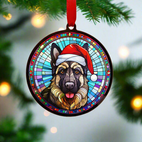 German Shepherd in Santa Hat Suncatcher Decoration